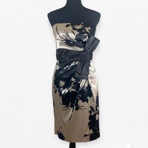 White House Black Market Satin Strapless Dress Black Floral & belted accent 6